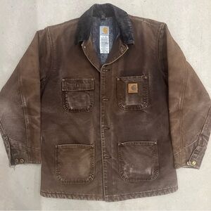 Carhartt C02 duck canvas blanket-lined chore coat in dark brown size medium